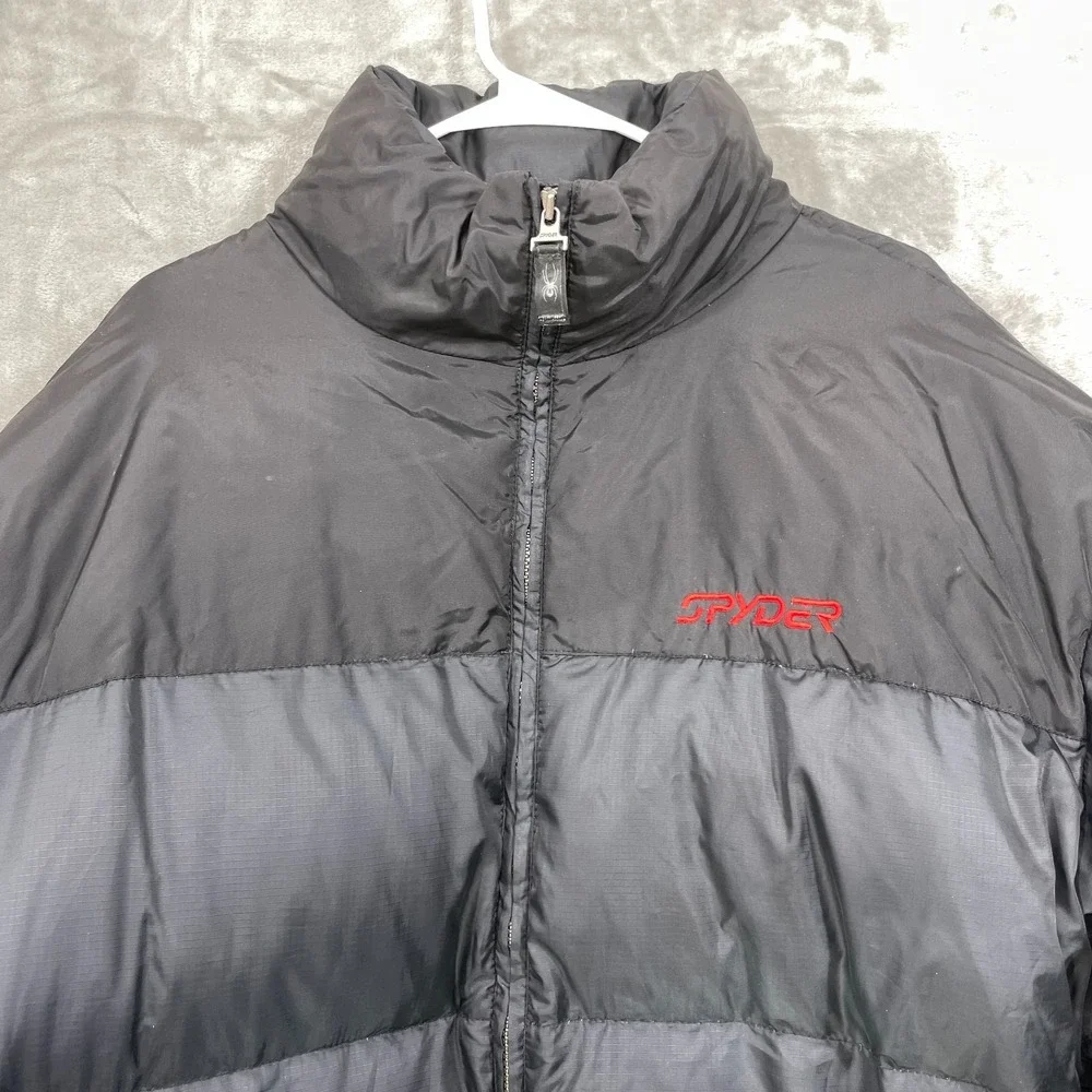 Spyder Men's XXL Puffer Jacket Grey Goose Down Feather Thick Black Hideaway Hood